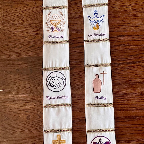 Seven Sacraments Embroidered Stole, Clergy Vestment