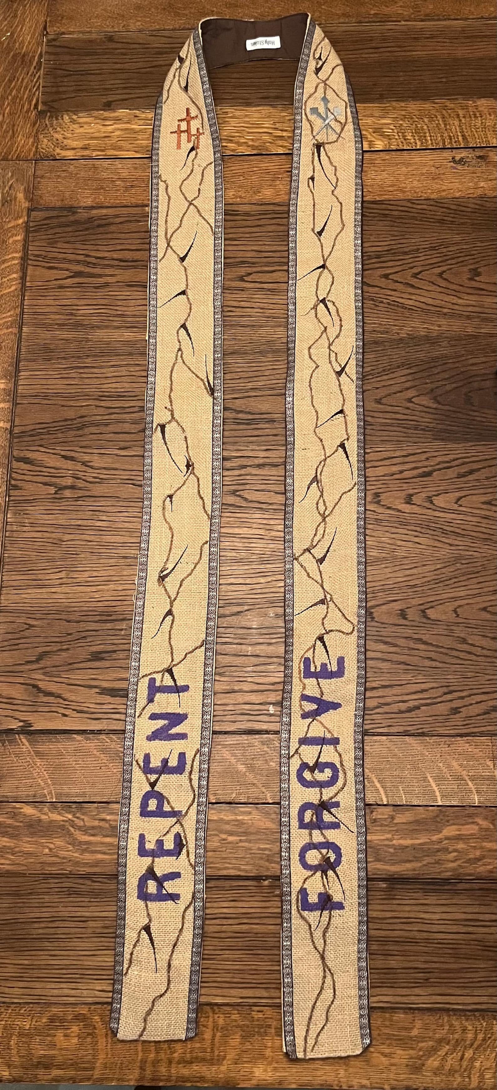 BURLAP LENTEN STOLE....part stitched; part painting...leaving a devout pious feeling during Lent